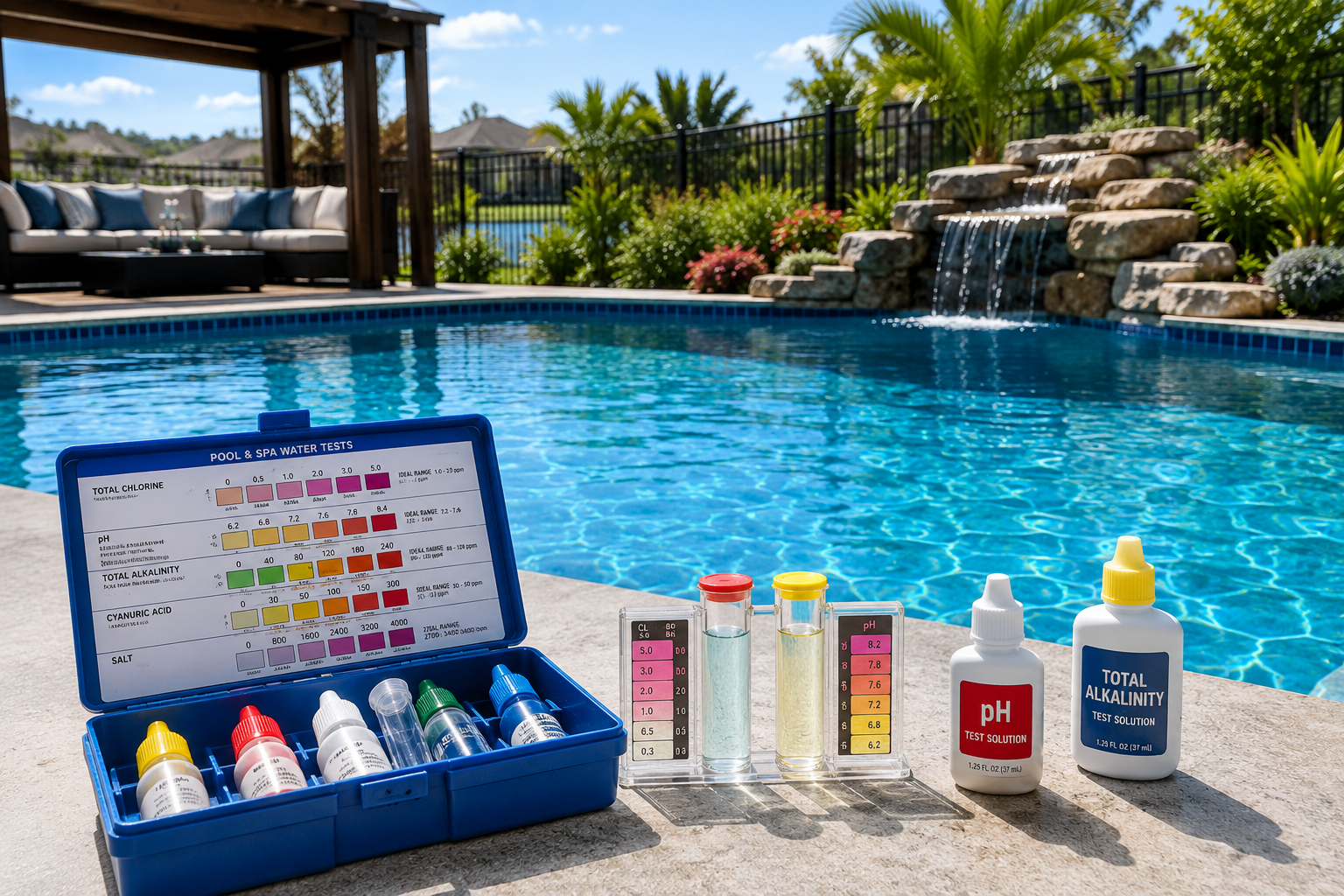 Pool water testing supplies used to measure chlorine and water balance